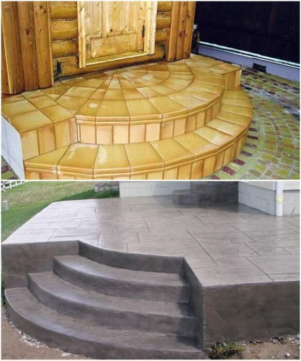 Крыльцо из бетона можно украсить напольной плиткой или декоративным камнем. | Фото: domiktop.ru.