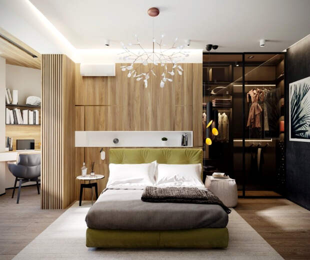 Элегантная спальня в коричневых тонах.