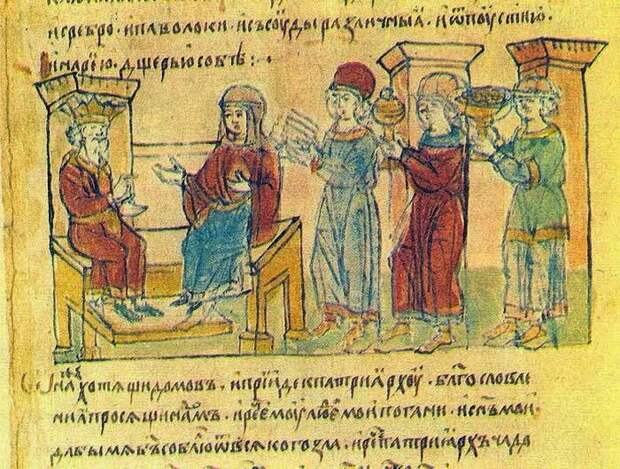 Прийняття княгинi Ольги iмператором Костянтином Багрянородним (Радзивілівський літопис, XV ст.)