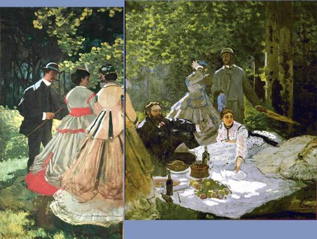 Сохранившиеся левый и средний фрагмент работы "Завтрак на траве" Клода Моне 1865-1866г., для которой позировала Камилла - женские фигуры на полотне - и Фредерик Базиль - мужские фигуры в котелке.