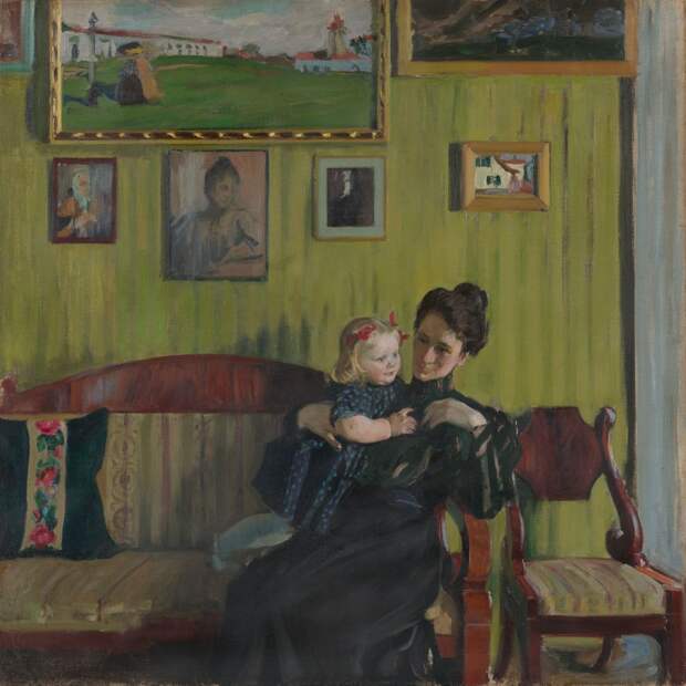 Борис Кустодиев. «Портрет жены художника Ю. Е. Кустодиевой с дочерью Ириной». 1908. Холст, масло