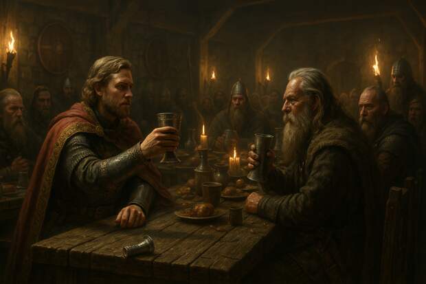 Средневековый пир в скандинавском стиле. Князь Мстислав в богатом плаще и доспехах сидит за длинным дубовым столом. У его ног лежит брошенный серебряный кубок. Он поднимает его и говорит спокойно, но с достоинством.