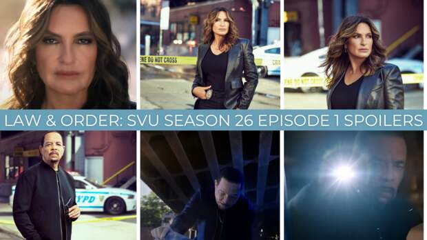 Law & Order: SVU Season 26 Episode 1 spoiler photo collage that has three photos of Benson on top and three of Fin on the bottom.