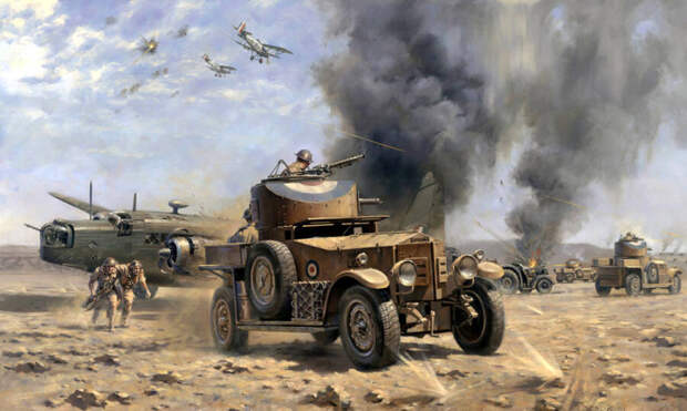 Англичане ведут бой в районе авиабазы Хаббания. Слева виден подбитый «Веллингтон», совершивший аварийную посадку