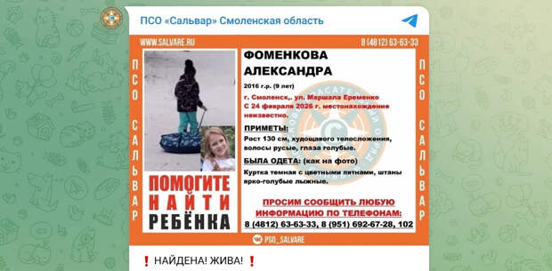 В Смоленске после трёх суток поисков нашли живой девятилетнюю девочку