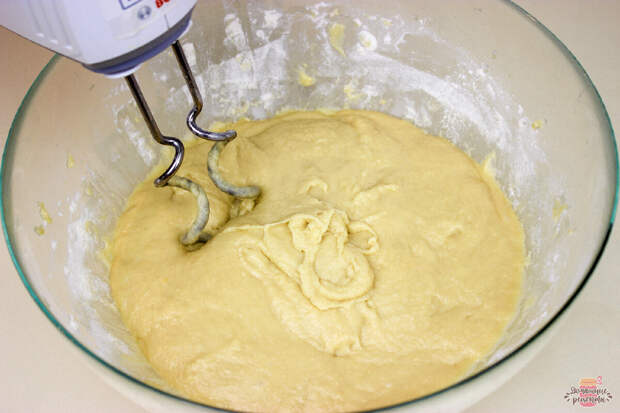 К жидким ингредиентам добавить частями муку и замесить тесто. Тесто получается тягучее, по консистенции как густая сметана. 