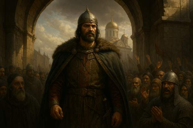Киев, 1125 год, торжественный момент. Князь Мстислав в богатом княжеском одеянии и кольчуге, стоит на помосте перед толпой, подняв руку в знак власти. Его лицо решительное, уверенное.