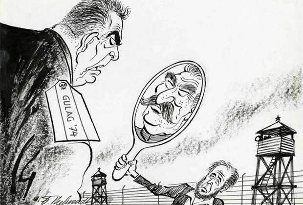 Леонид Брежнев и Александр Солженицын. Карикатура в западной прессе. 1974 год 