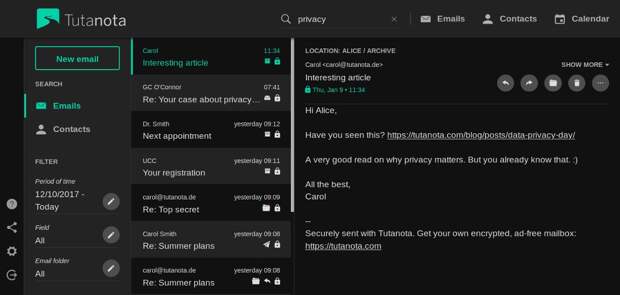 Tutanota Secure Email inbox