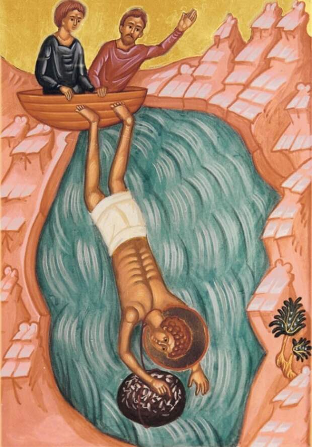 святого Пантелеймона-целителя бросают в море с камнем на шее. Икона