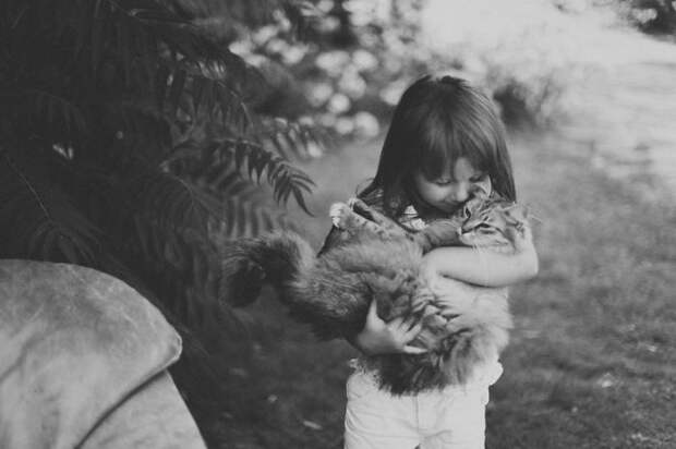 Маленькая девочка со своим пушистым другом на руках.