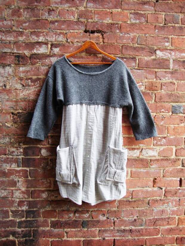 Sweater Dress/ Tunic Dress/Artisan Smock Dress/Gray Dress/Pocket Dress/ Upcycled Clothing: 