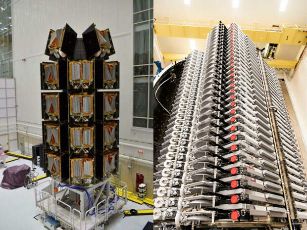 36 готовых к запуску спутников OneWeb (слева) и 60 — SpaceX Starlink (OneWeb | SpaceX)