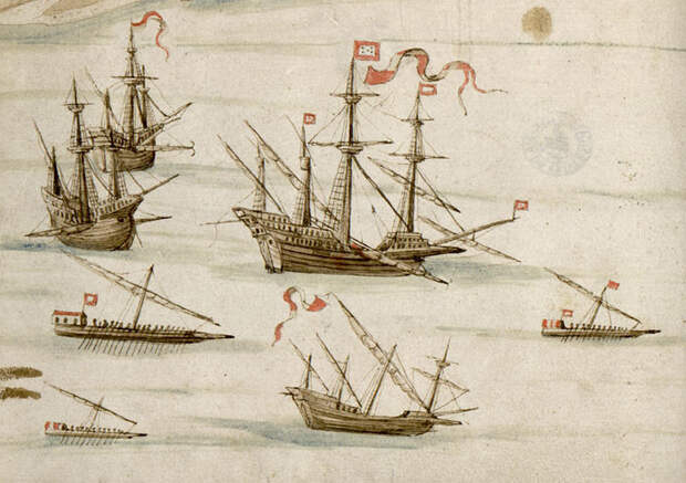 Португальские галеон, нефы (naõ), галера, а также некий малый парусник (возможно, каравелла) и две лёгкие галеры — вероятно, фуста и галиот. Зарисовки Кастро 1540–1541 годов - Диу: недружественный визит | Warspot.ru