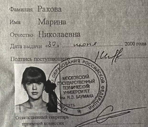 Экзаменационный лист студентки Раковой