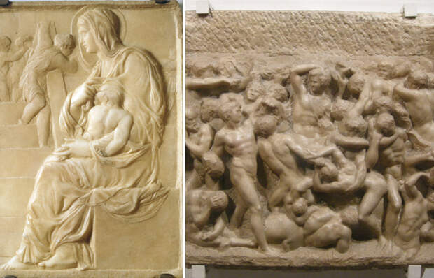 Работы Микеланджело «Мадонна у лестницы» (1491) и «Битва кентавров» (1492)