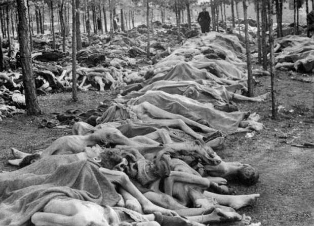Мертвые тела, которые были найдены в концентрационном лагере Берген-Бельзен после того, как британские войска освободили лагерь. 