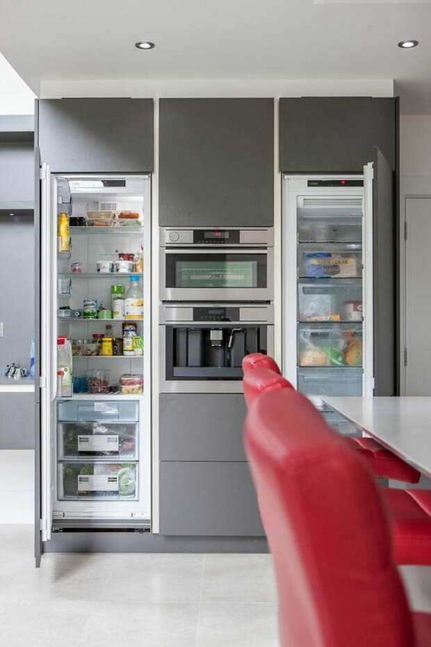 Встраиваемый холодильник + встраиваемый морозильник. Источник: Pinterest. Соответствие моделям Первой мебельной: СОФТ и СЕРЕНА