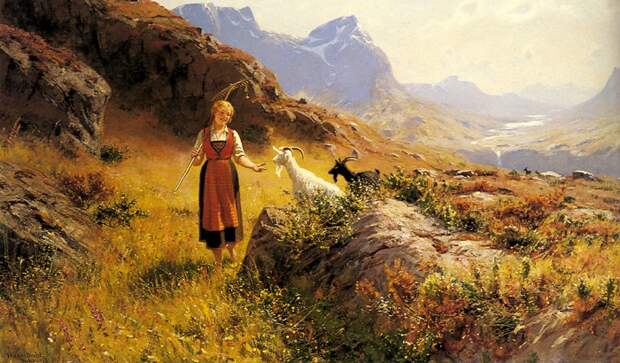 Норвегия долгое время была под властью Дании, и норвежский язык как таковой сохранился только в сельских районах. Картина Ханса Даля.