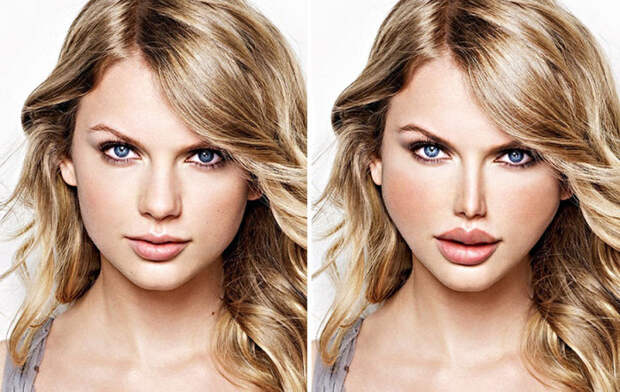 Так могла бы измениться внешность американской певицы и актрисы Тейлор Свифт (Taylor Swift), если бы она сделала несколько пластических операций.