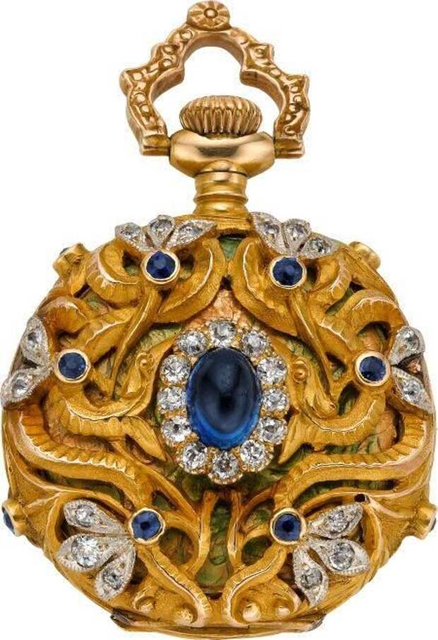 Elgin Diamond & Sapphire Pendant Watch With Enamel, circa 1899 #antiquewatch #antiquependant #goldwatch: 