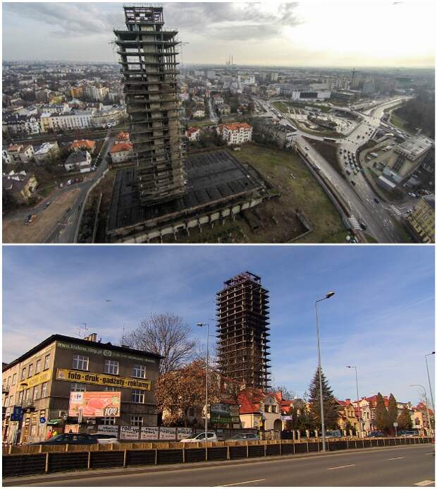 Заброшенный небоскреб с прозвищем «Шкелетор» более 40 лет портит горизонт красивейшего города Польши (Краков).