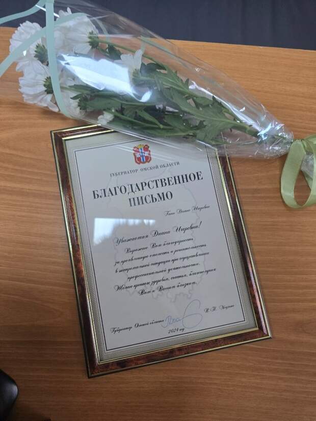 В Омской области Благодарственное письмо от губернатора «за проявленную смелость и решительность в экстремальной ситуации при осуществлении профессиональной деятельности» вручили фельдшеру скорой помощи п/с № 8 БУЗОО ССМП Диане Гаан. Медработник рассказала, что инцидент произошёл 23 октября.
