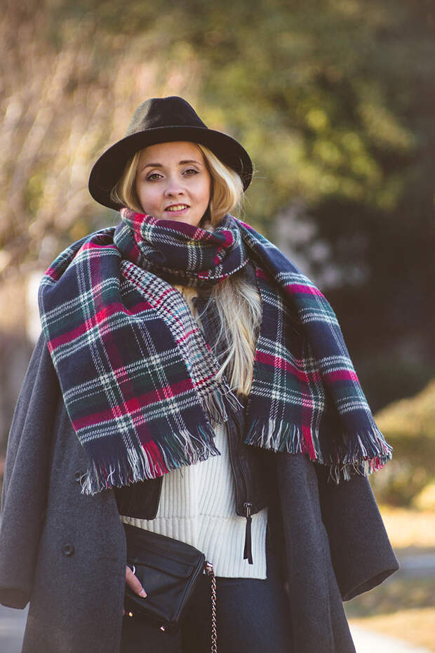 Olga choi fashion blogger myblondegal South Korea smart casual elegant Kate-Katy long oversize coat Kate-Katy white knit vest Armani Exchange leather jacket Kate-Katy check scarf Rebecca Minkoff MAC bag Choies fedora hat-05728