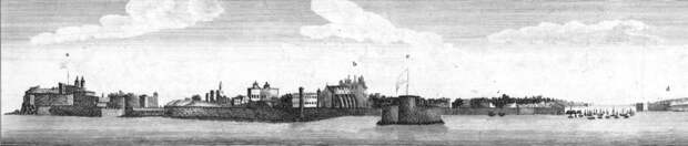 Панорама на старую крепость и город (слева), морской форт (в центре; проход в порт слева от него, справа сплошные отмели) и заречный форт (вдали справа), сделанная англичанами в 1788 году с расстояния 0,25 мили (400 м) от (оконечности) «замка», то есть от старой крепости - Диу: бомбардировка и инженерная война | Warspot.ru