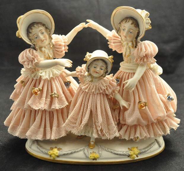 Винтажный немецкий кружевной фарфор. Франц Уиттер, Дрезден. «Три играющие девочки»