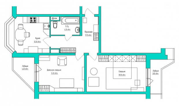 планировка двухкомнатной квартиры 59,7 кв. м.