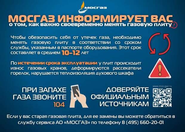 Мосгаз напоминает о необходимости своевременной замены газовой плиты