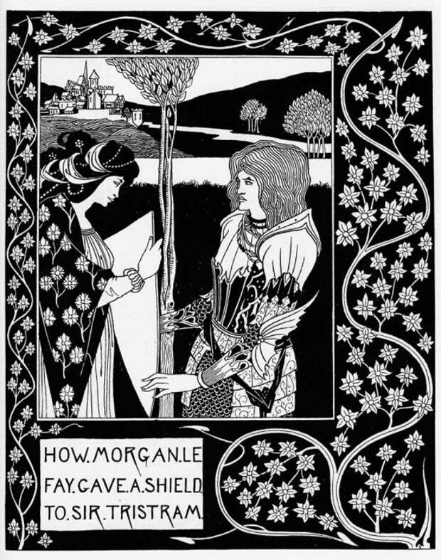 Смерть Артура — Как Фея Моргана дала щит сэру Тристраму. Автор: Aubrey Beardsley.