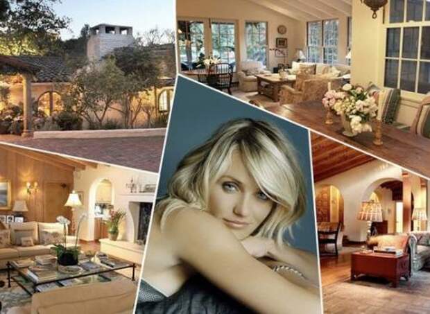 <B>Камерон Диаз (Cameron Diaz)</B><BR> Расположение: Беверли Хиллз<BR> Площадь земельного участка: 12000 кв. метров<BR> Особенности интерьера: большие картины в позолоченных рамках, большой камин, мебель светлых тонов, мягкие диваны
