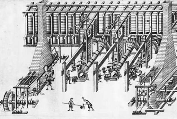 Вот такими были заводы на Урале. Гравюра И. А. Шлаттера «Обстоятельное описание рудноплавильного дела»