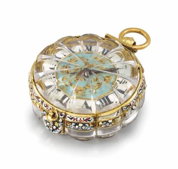 AN EXTREMELY FINE, RARE AND EARLY 22K GOLD, ENAMEL AND ROCK CRYSTAL SINGLE HAND PENDANT WATCH - SIGNED PIERRE DUHAMEL, CIRCA 1660.: 