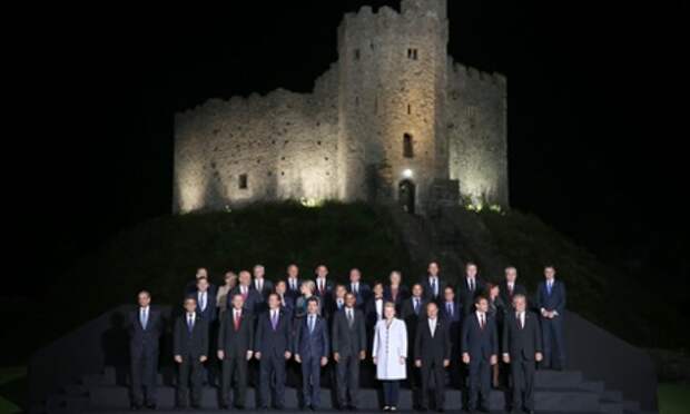 NATO leaders posing for a 'family photo' at Cardiff Castle, where they had dinner last night.