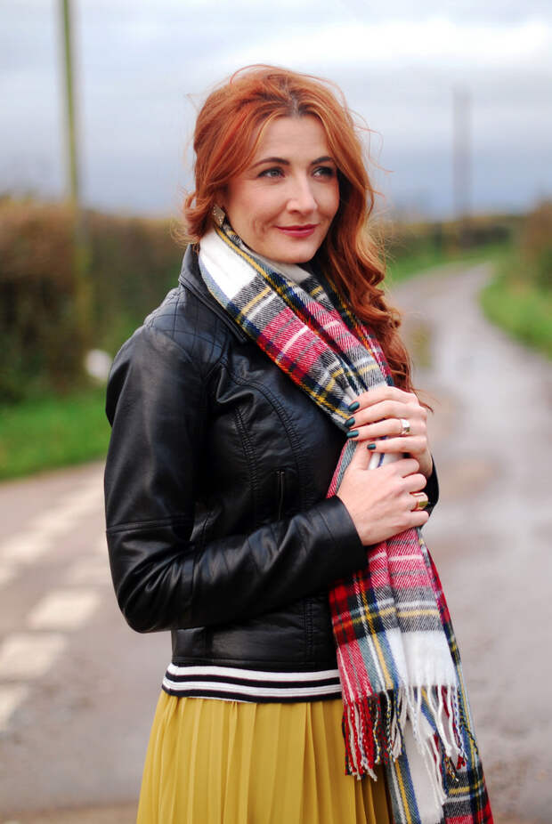 Biker jacket with tartan scarf and yellow maxi skirt