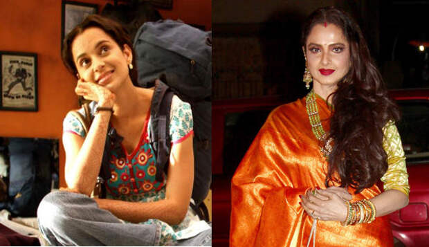 Left Kangna Ranaut from a scene in Queen. Veteran actress Rekha on left