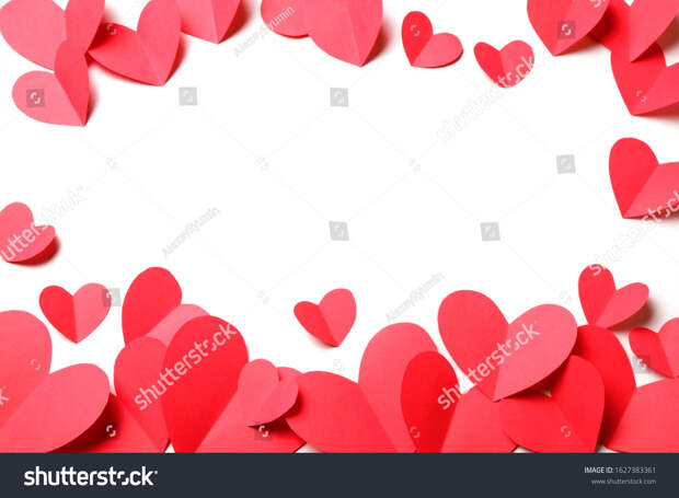 Cut out of red paper hearts on white background isolated. Cute Valentines day, Womans day, love, romantic or wedding composition with copy space for your text for banner, congratulation, card, offer, flyer, advertising, invitation.