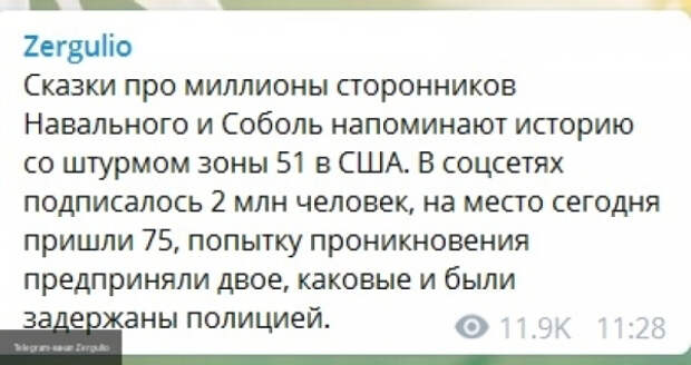 Журналист сравнил "многомиллионную поддержку" Навального с провалившимся в США штурмом "Зоны 51"