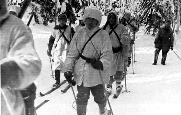 Финский лыжный патруль в лесу. 1939-1940 гг