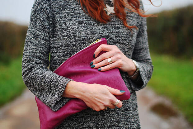 Grey sweater dress, magenta clutch