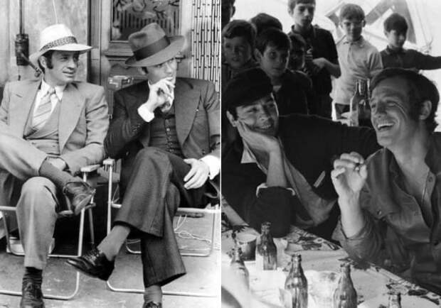 Слева – актеры на съемках легендарного фильма *Борсалино*, 1969. Справа – банкет после съемок *Борсалино*, 1969 | Фото: trinixy.ru