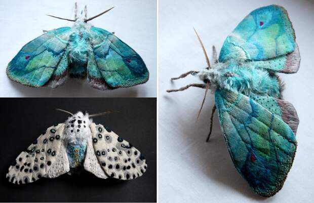 Fabric sculpture - Large Turquoise Moth textile art