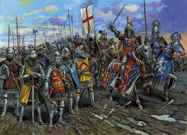 Средневековая армия строилась так: в центре была пехота, на флангах - конница ,а впереди пехоты строились стрелки