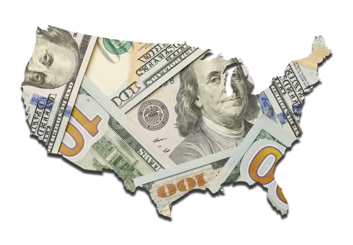 The United States wrapped in currency.
