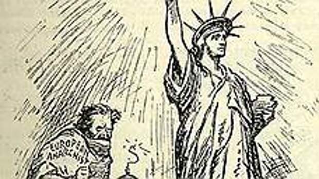 Карикатура с ироническим призывом к европейским анархистам "Придите ко мне, угнетенные", опубликованная в Memphis Commercial Appeal 5 июля 1919 года 
