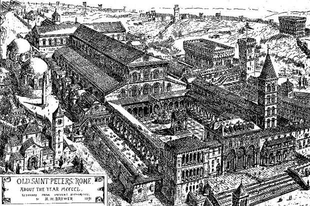 Реконструкция старой базилики св. Петра, H.W.Brewer, 1891. В легенде указан 1450 год, но есть небольшой анахронизм - на иллюстрации изображена Сикстинская капелла (на заднем плане справа), построенная в 1475-1483 гг. Wikimedia Commons
