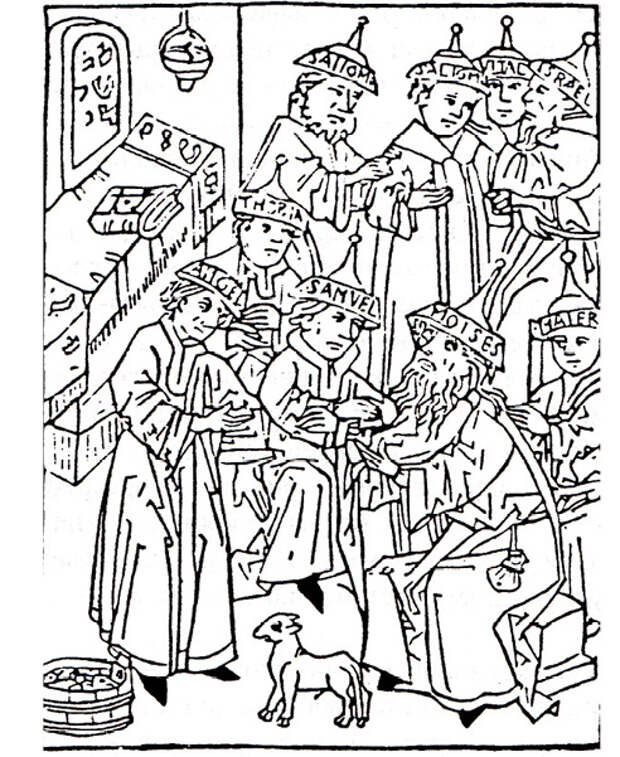 Евреи-убийцы Симона из Тренто собираются в синагоге. Гравюра на дереве из брошюры о навете